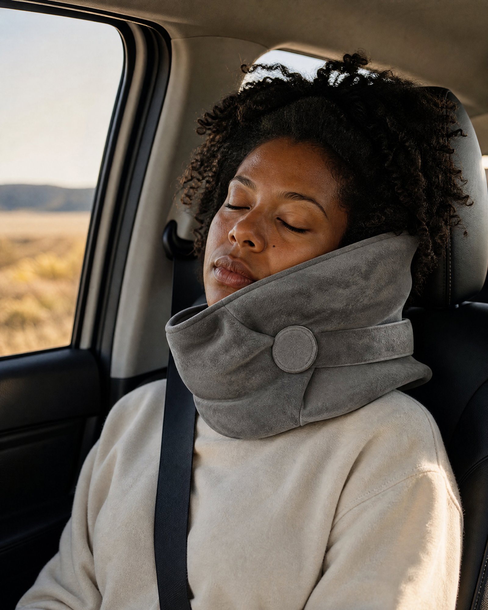 A passenger asleep in a car seat wearing the grey NODD Travel Pillow