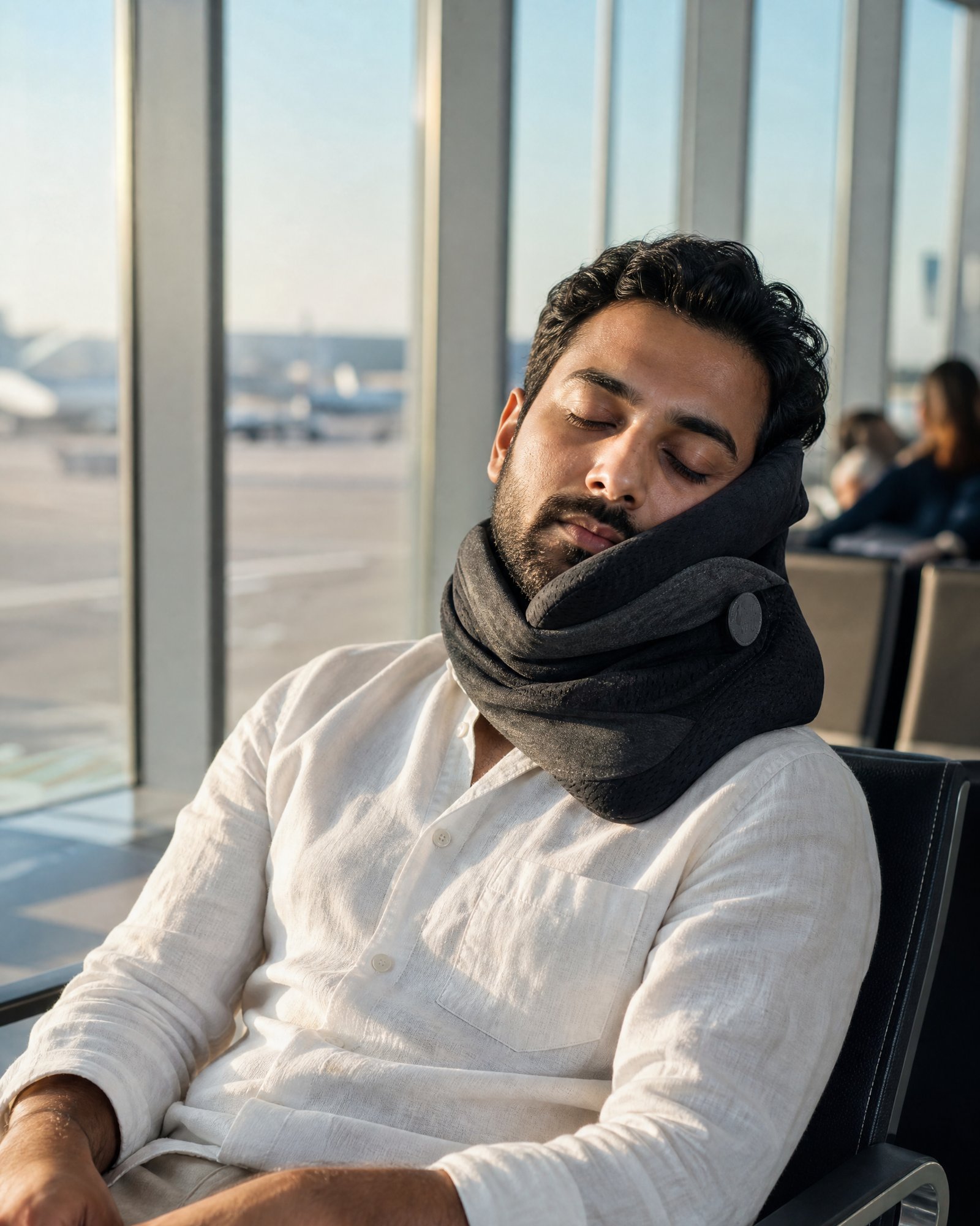 A traveler asleep by an airport window wearing the black NODD Pillow Cool