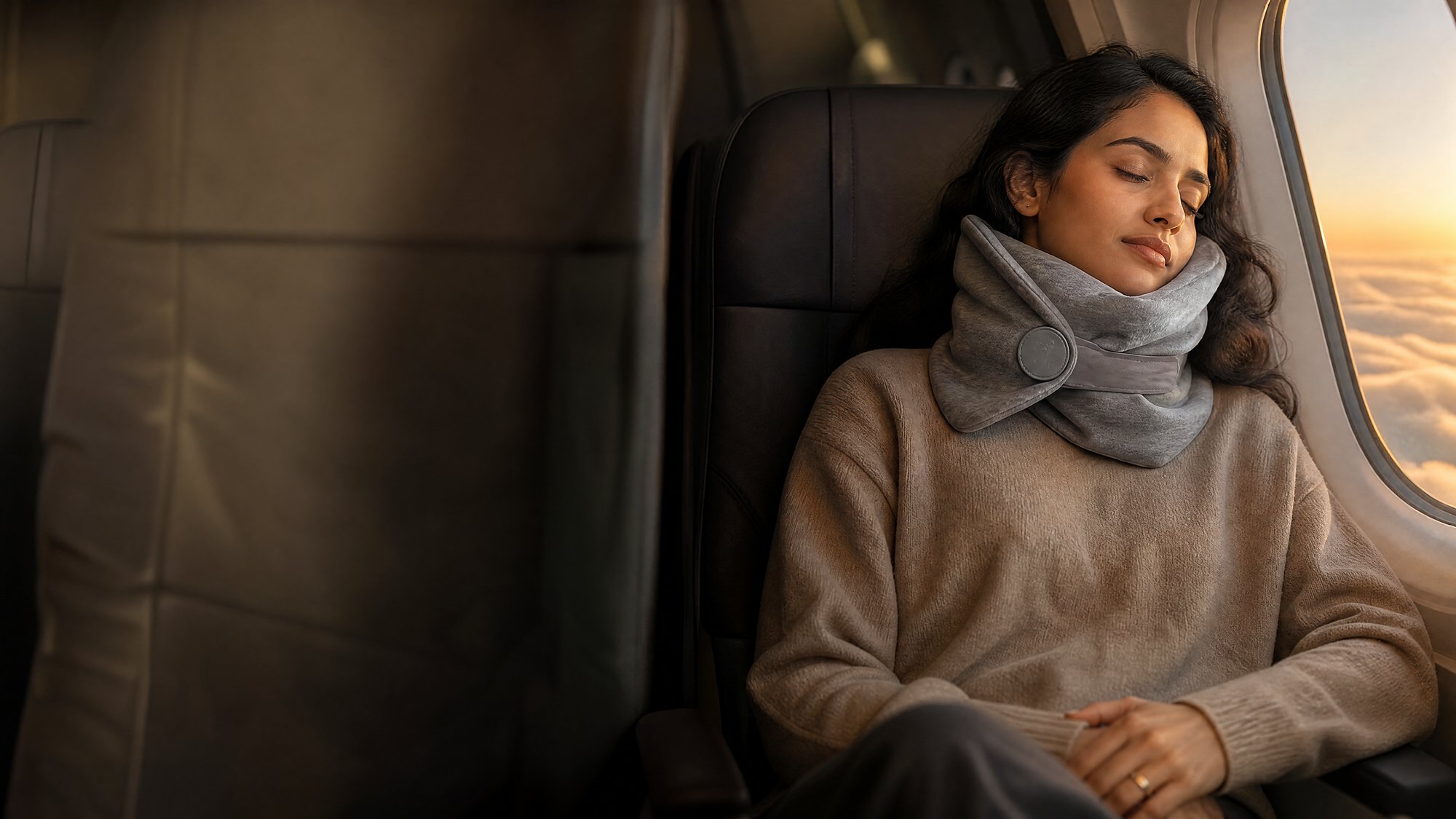 A traveler asleep in a plane window seat at dusk, head resting on a grey NODD Travel Pillow