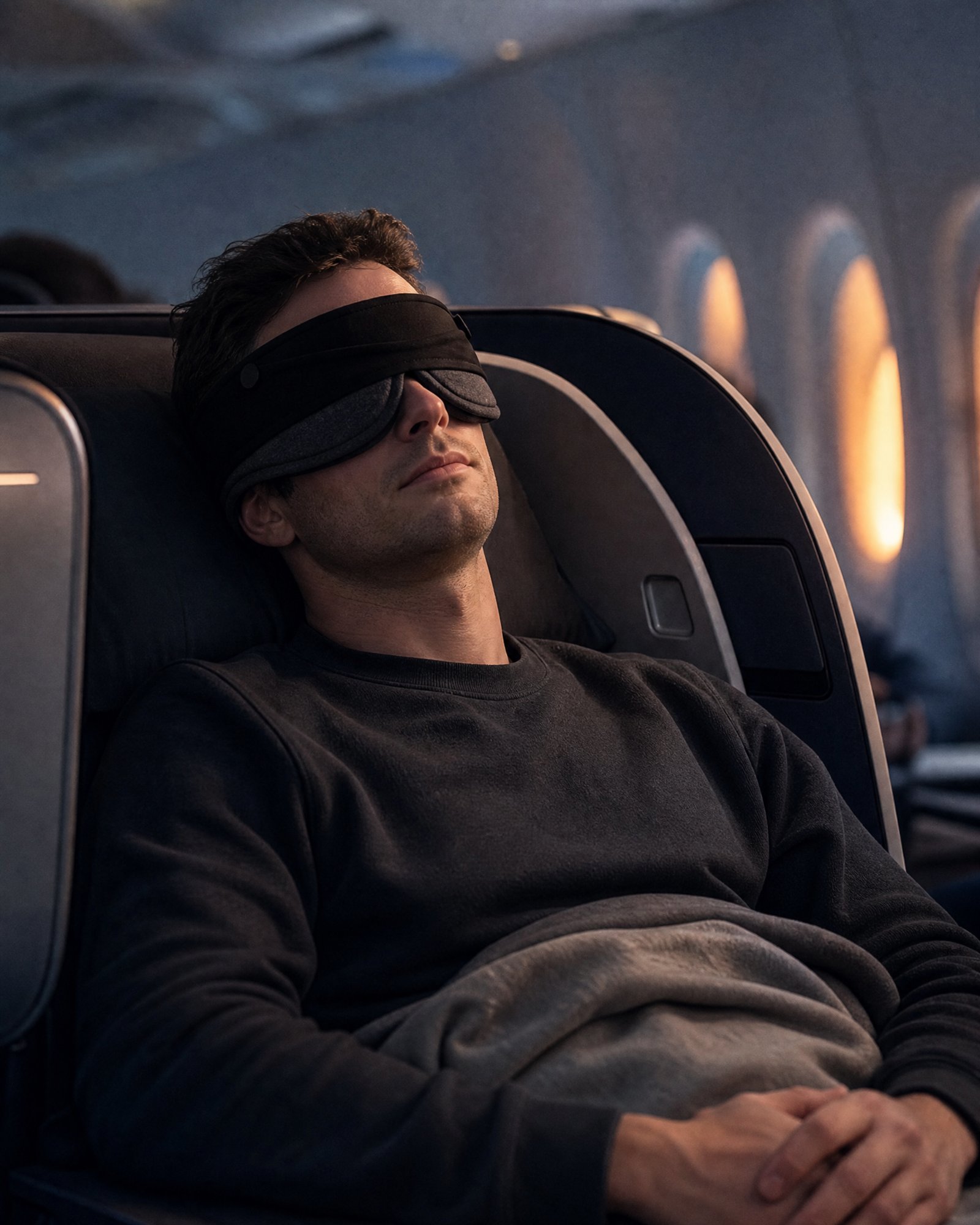 A traveler asleep in a dim plane cabin wearing the black NODD Blackout Sleep Mask