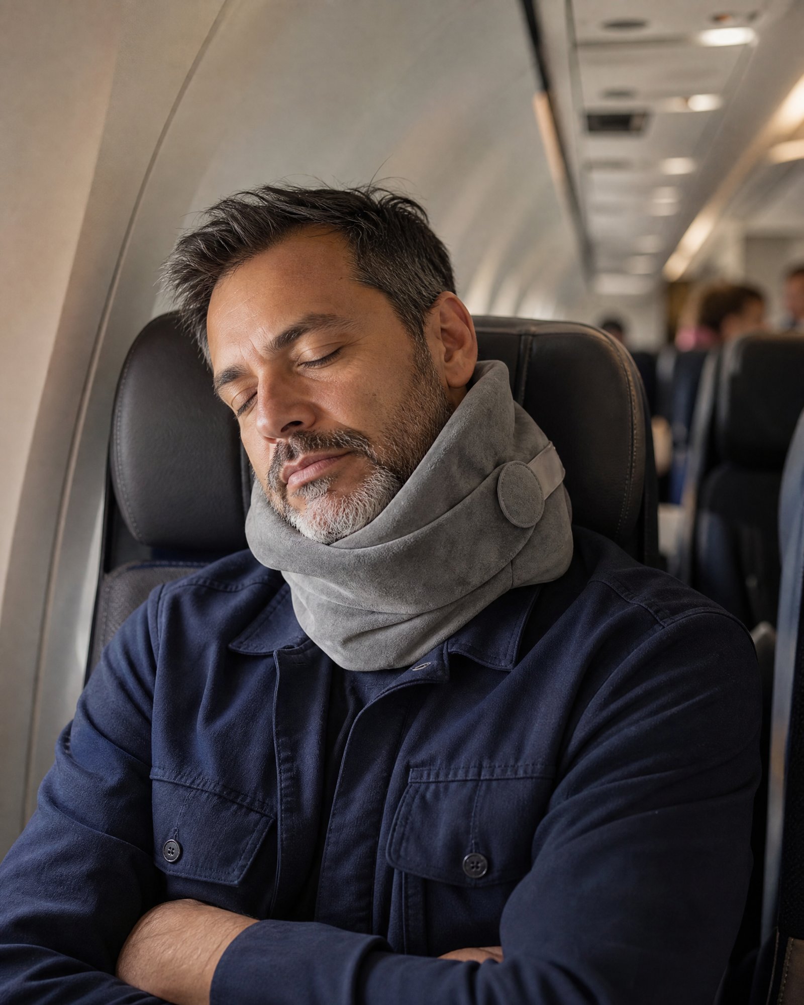 A man asleep in a plane seat wearing the grey NODD Travel Pillow