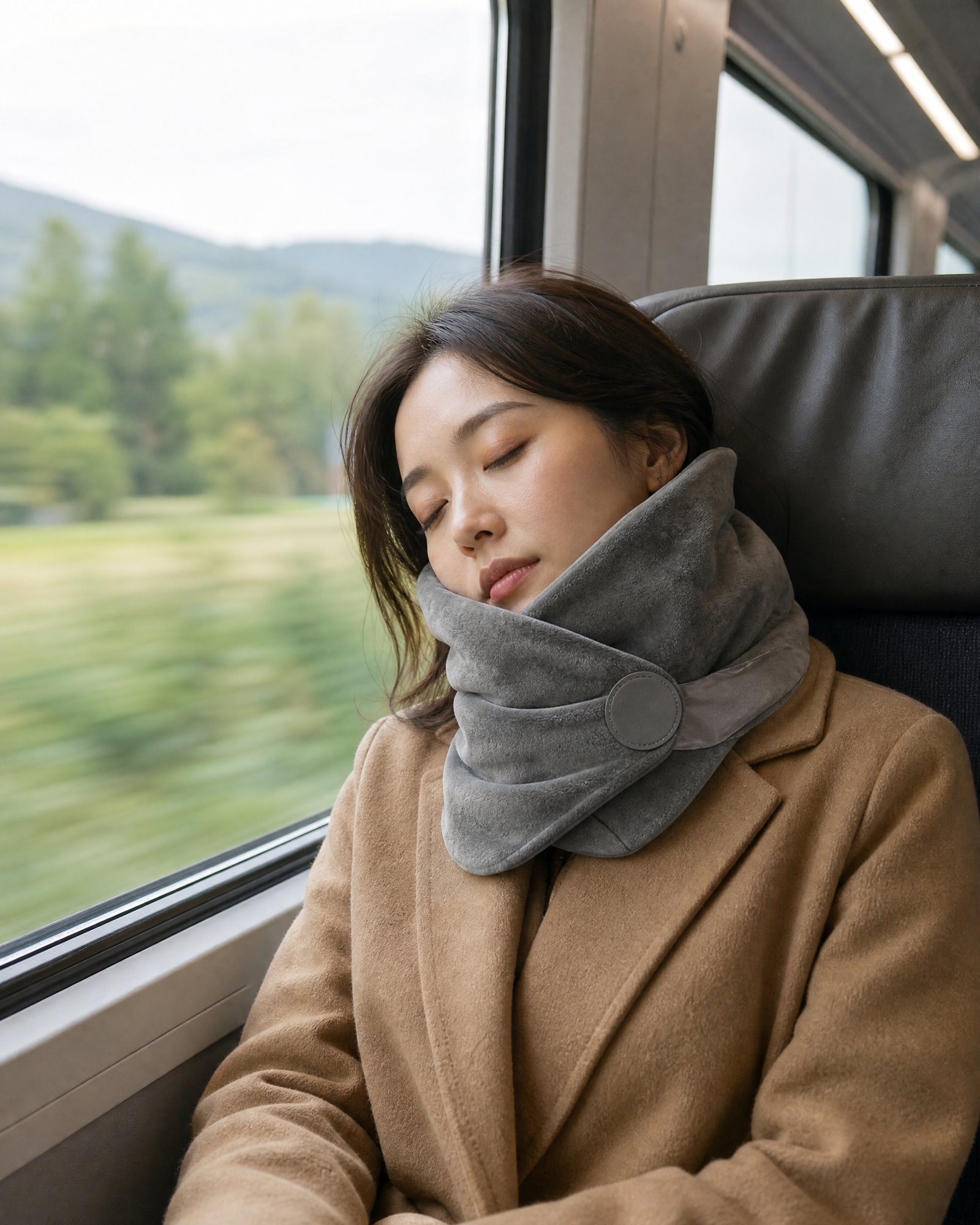 A woman asleep by a train window wearing the grey NODD Travel Pillow
