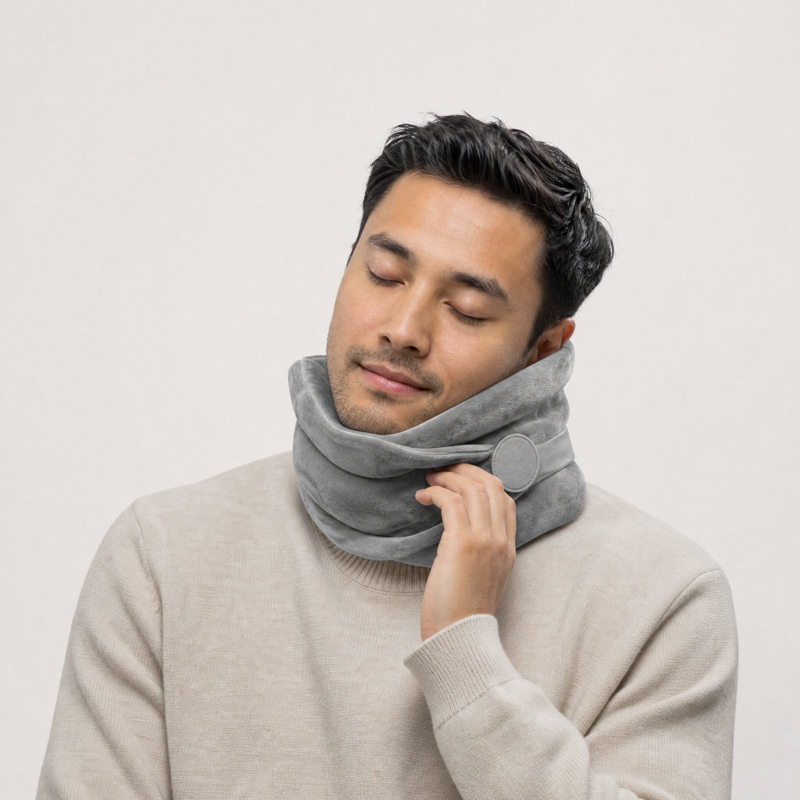 A man resting his head on the grey NODD Travel Pillow